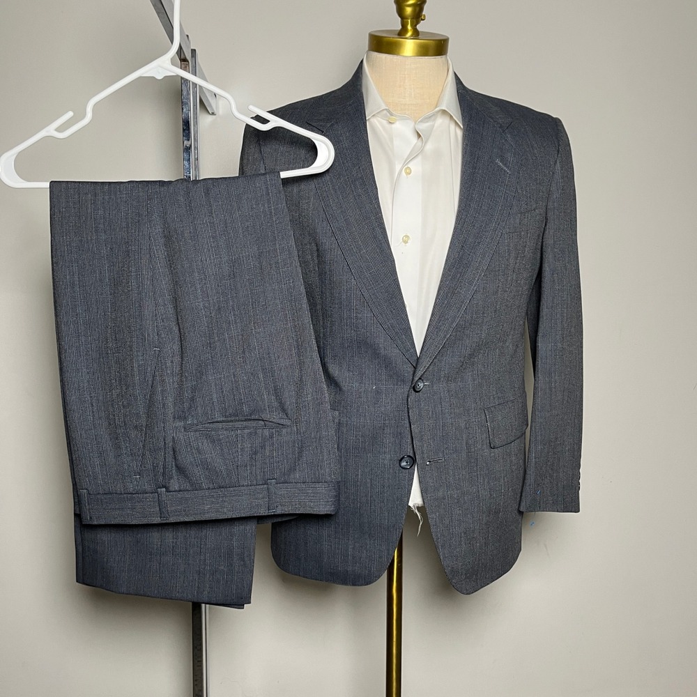 Hart Schaffner & Marx Suit Mens 40S 34x28 Grey Glen Plaid Wool Blend Vintage USA